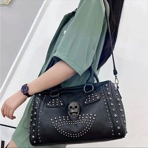 Gothic Skull Studded Medium Shoulder Bag Chain Crossbody Purse Handbag